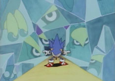 Quartz Quadrant, and a scorpion enemy gives itself away in the reflections of the crystals. Explosions ensue, but Sonic is too quick and takes care of him in style.