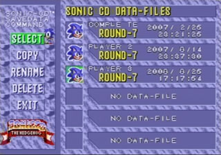 Saved Games management in the PC/Sonic Gems version, the more straightforward of the two. You can have up to six games saved at a time, containing individual Time Stones/Good Futures and Time Attack records.