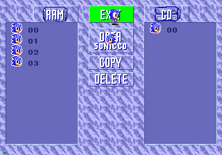 The Mega CD version is a little more confusing to operate, but allows you to make copies of your current progress and set of records. The central 'Data Sonic CD' button represents the current data loaded, which can be exchanged for the other copies, though be careful as whatever was loaded before is overwritten!