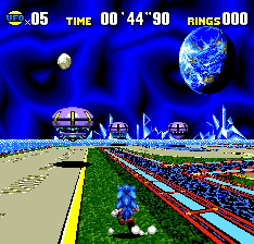 The first Special Stage arena takes place on an ice world, with frozen sculptures in the distance and planets in the sky above.