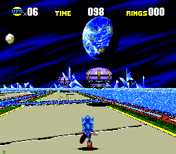 Welcome to Sonic CD's Special Stage, which takes place on a pseudo 3D board filled with paths and patches of water. Hovering around above lurk six purple UFO's..