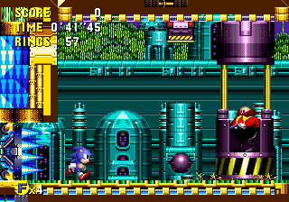 ..This ball is about to drop on you, so the best strategy is to stay close to Eggman while it tracks you, then when it drops, carefully fall backwards, tapping lightly against the conveyor to keep in front of the spikes. Hopefully, the ball will miss. 