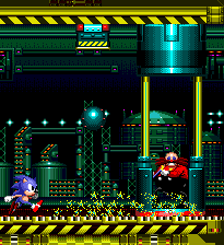 All the while, the conveyor belt is taking its toll on Eggman's machine, gradually grinding it down until he barely has anything left to stand on!