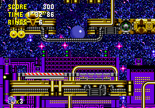 Though a quiet night sky at the top of the level, below lies a cacophony of lights, matching the hectic action that quickly unfolds. At the very bottom, there are purple, relatively nondescript buildings. 